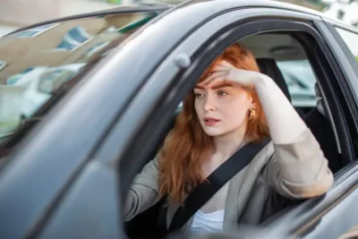 young woman nervous car stop